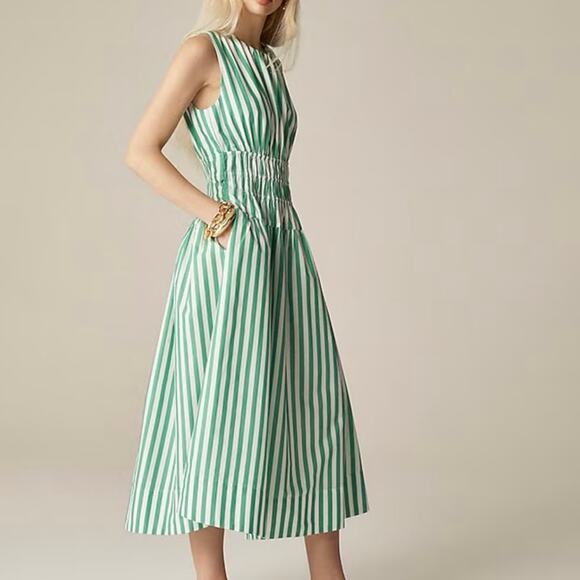 J. Crew Dresses & Skirts - J.Crew Hyacinth Dress Striped Cotton Poplin Bright Clover Green Size Large